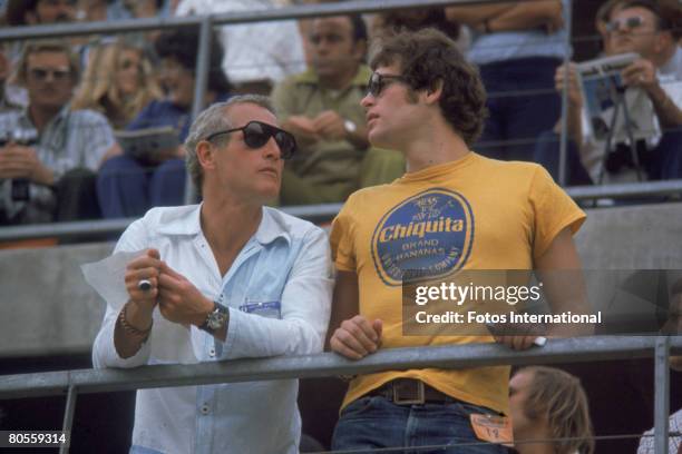 American actor Paul Newman and his son Scott Newman attend the Ontarion 500 automobile race, Ontario, California, September 3, 1972.