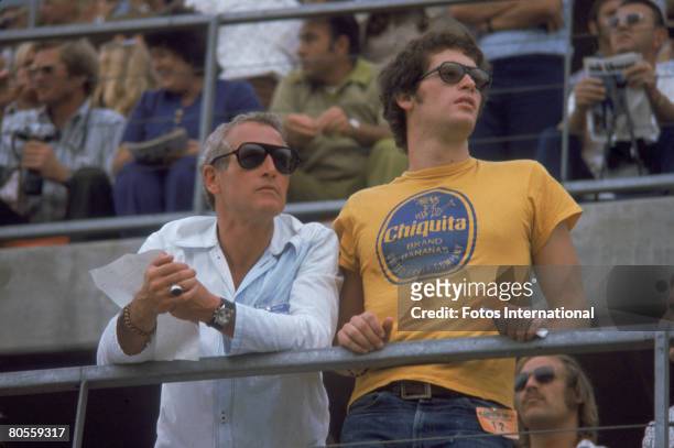American actor Paul Newman and his son Scott Newman attend the Ontarion 500 automobile race, Ontario, California, September 3, 1972.