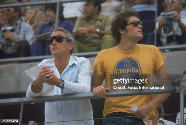 American actor Paul Newman and his son Scott Newman attend the Ontarion 500 automobile race, Ontario, California, September 3, 1972.