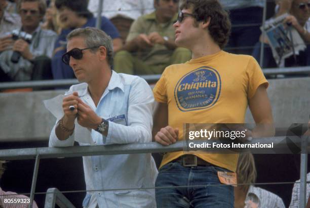 American actor Paul Newman and his son Scott Newman attend the Ontarion 500 automobile race, Ontario, California, September 3, 1972.