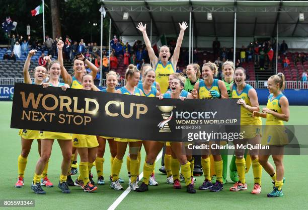 Australia celebrate after winning the Fintro Hockey World League Semi-Final 5/6th playoff game between Italy and Australia and gaining qualification...