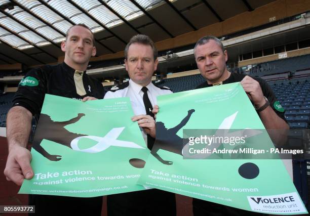 Referee Bobby Madden, Asst Chief Constable of Lothian and Borders Police Iain Livingstone and referee Brian Winter at the launch of the domestic...