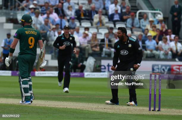 Surrey's Ravi Rampaul celebrates the wicket of Nottinghamshire's Riki Wessels during the Royal London One-Day Final match between Nottinghamshire and...