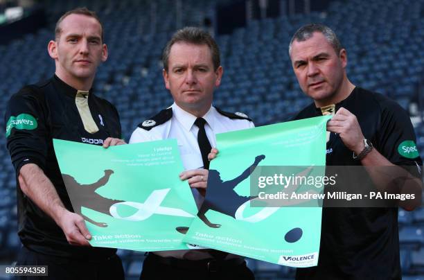 Referee Bobby Madden, Asst Chief Constable of Lothian and Borders Police Iain Livingstone and referee Brian Winter at the launch of the domestic...