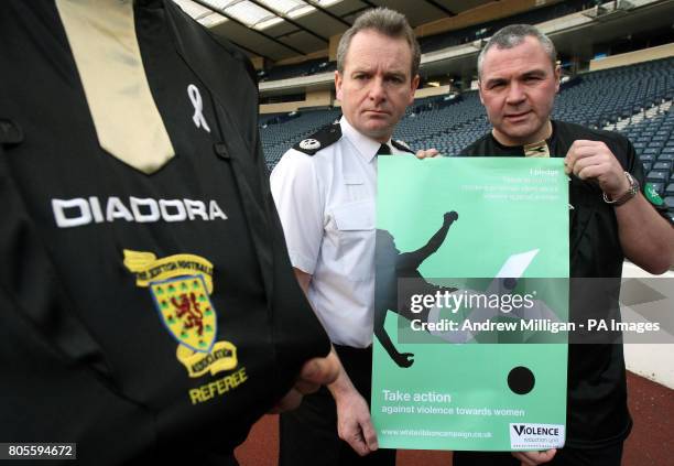 Asst Chief Constable of Lothian and Borders Police Iain Livingstone and referee Brian Winter at the launch of the domestic abuse phase of the...