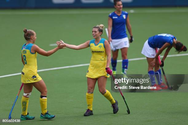 Georgia Wilson and Jordan Holzberger of Australia celebrate the 3rd goal during the 5/6th place play off match between Italy and Australia on July 2,...