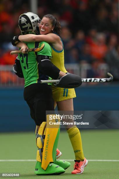 Rachael Lynch and Karri McMahon of Australia celebrate the 2nd goal during the 5/6th place play off match between Italy and Australia on July 2, 2017...