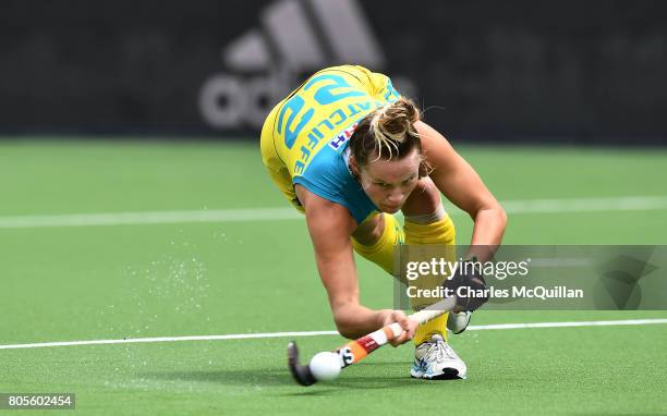 Madi Ratcliffe of Australia takes a penalty corner during the Fintro Hockey World League Semi-Final 5/6th playoff game between Italy and Australia on...