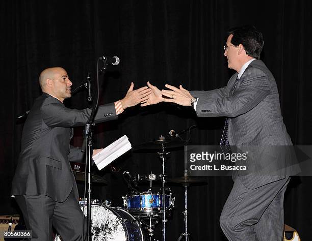 Actor Stanley Tucci and Stephen Colbert on stage during the Food Bank For New York City's 5th Annual Can-Do Awards Dinner at Abigail Kirsch's Pier...