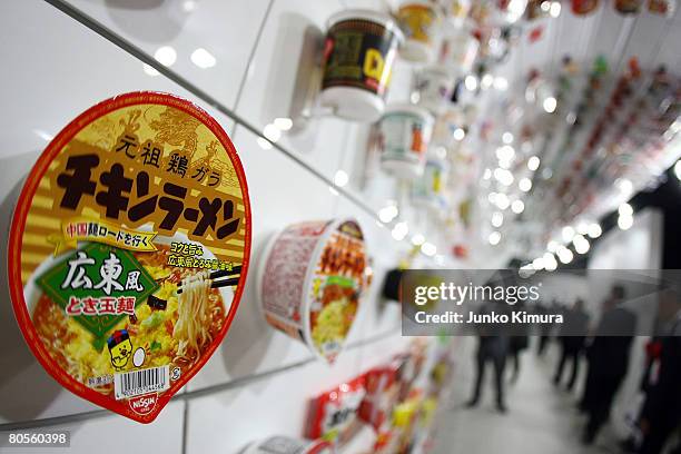 Instant cup noodles are on display at the Instant Ramen Museum on April 8, 2008 in Osaka, Japan. It has been fifty years since Momofuku Ando, founder...