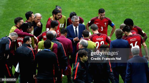 Fernando Santos head coach of Portugal speaks to his players ahead of extra time during the FIFA Confederations Cup Russia 2017 Play-Off for Third...