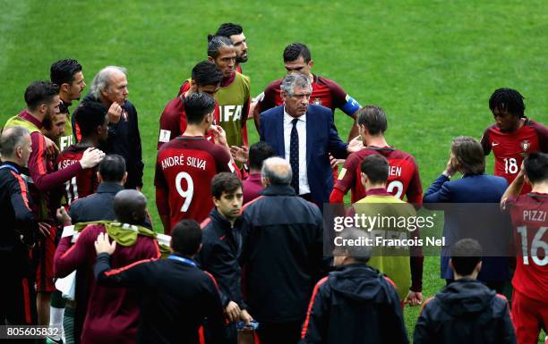 Fernando Santos head coach of Portugal speaks to his players ahead of extra time during the FIFA Confederations Cup Russia 2017 Play-Off for Third...