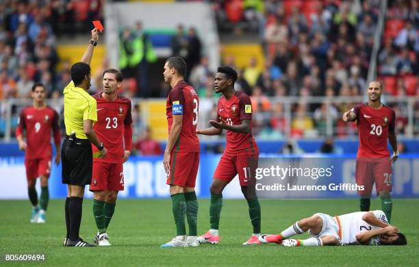 Nelson Semedo of Portugal is shown a red card by Referee Fahad Al Mirdasi during the FIFA Confederations Cup Russia 2017 Play-Off for Third Place...