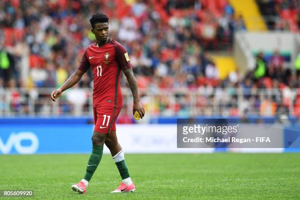 Nelson Semedo of Portugal walks off dejected after being sent off during the FIFA Confederations Cup Russia 2017 Play-Off for Third Place between...
