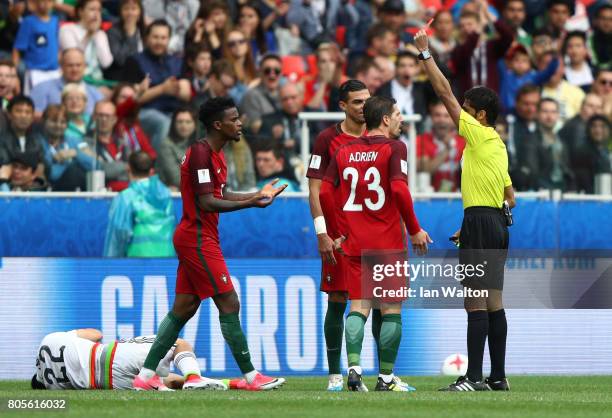 Nelson Semedo of Portugal is shown a red card by Referee Fahad Al Mirdasi during the FIFA Confederations Cup Russia 2017 Play-Off for Third Place...