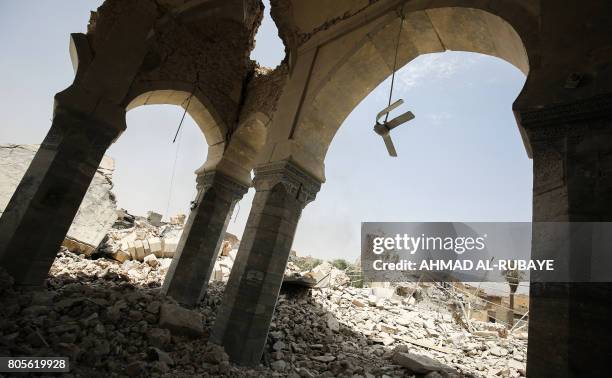 Picture taken on July 2 shows the damaged remains of the destroyed Al-Nuri Mosque in the Old City of Mosul, during the Iraqi government forces'...