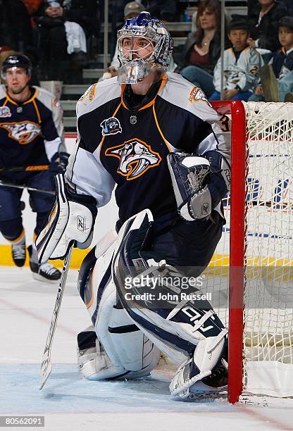 Dan Ellis of the Nashville Predators eyes the play against the St. Louis Blues on April 3, 2008 at the Sommet Center in Nashville, Tennessee.