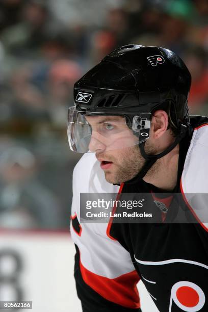 Ryan Parent of the Philadelphia Flyers looks on in a NHL game against the Pittsburgh Penguins on April 6, 2008 at the Wachovia Center in...