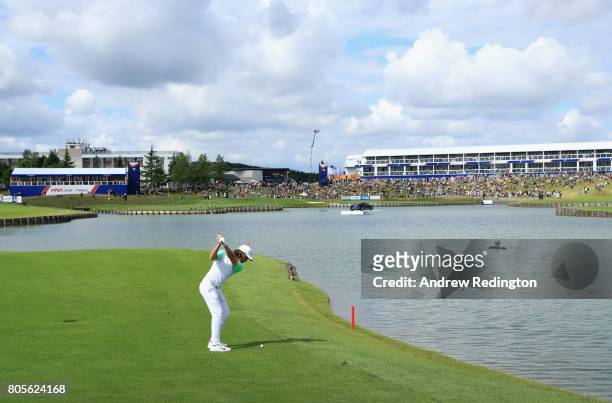 Tommy Fleetwood of England plays his second shot on the 15th during day four of the HNA Open de France at Le Golf National on July 2, 2017 in Paris,...