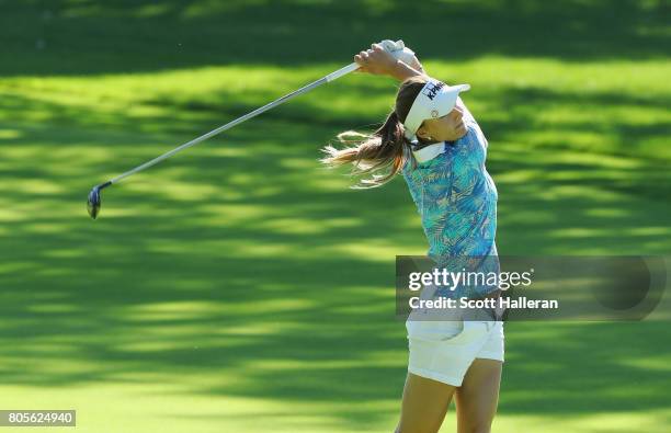 Klara Spilkova of the Czech Republic watches a shot to the ninth green during the final round of the 2017 KPMG Women's PGA Championship at Olympia...