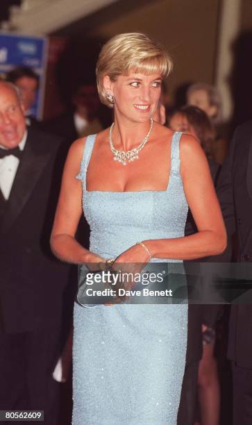 Princess Diana attends a performance of 'Swan Lake' by the English National Ballet, wearing a dress created by French designer Jacques Azagury at the...