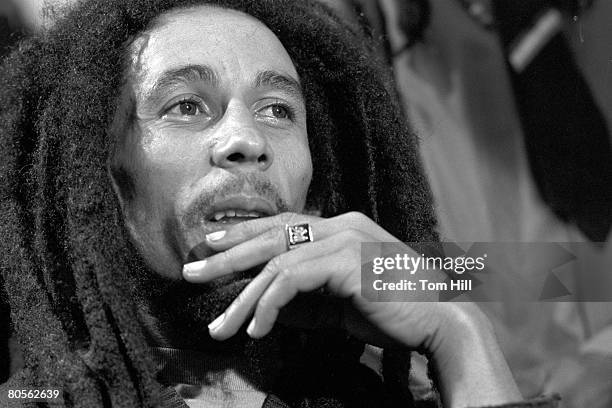 Reggae singer-guitarist Bob Marley is interviewed after performing at The Fabulous Fox Theater on November 12, 1979 in Atlanta, Georgia.