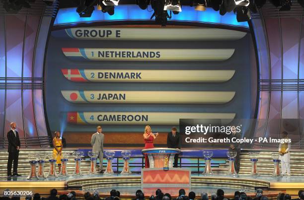 Group E, containing Netherlands, Denmark, Japan and Cameroon is shown on the large TV Screen during the 2010 FIFA World Cup Draw at the Cape Town...