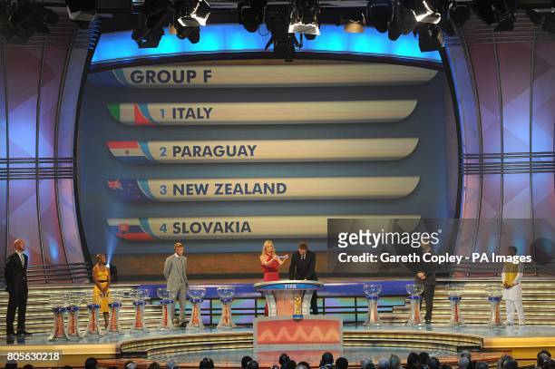 Group F, containing Italy, Paraguay, New Zealand and Slovakia, is shown on the large TV Screen during the 2010 FIFA World Cup Draw at the Cape Town...