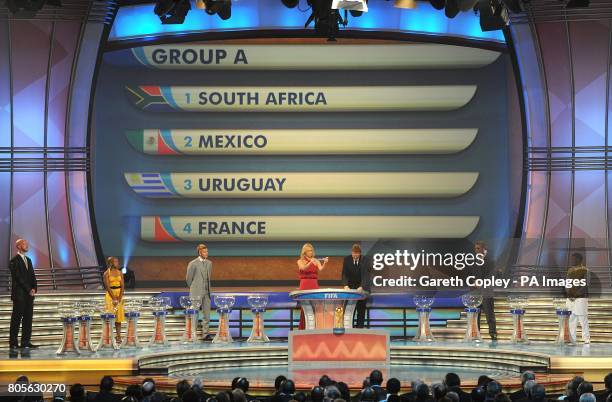 Group A, containing South Africa, Mexico, Uruguay and France is shown on the large TV Screen during the 2010 FIFA World Cup Draw at the Cape Town...