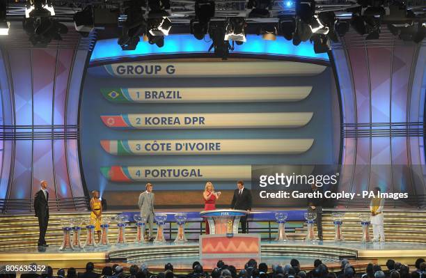 Group G, containing Brazil, North Korea, Ivory Coast and Portugal, is shown on the large TV Screen during the 2010 FIFA World Cup Draw at the Cape...