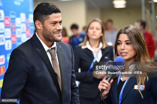 Legend Hulk of Brazil is interviewed prior to the FIFA Confederations Cup Russia 2017 Final between Chile and Germany at Saint Petersburg Stadium on...