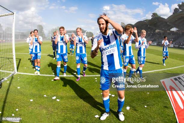 Mattias Bjarsmyr celebrates after the victory during the Allsvenskan match between Jonkopings Sodra and IFK Goteborg at Stadsparksvallen on July 2,...