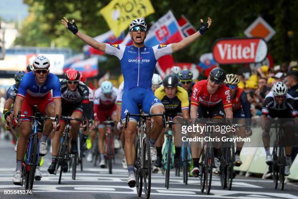 Marcel Kittel of Germany and Quick-Step Floors crosses the line and celebrates his victory in stage two of the 2017 Tour de France, a 203.5km road...