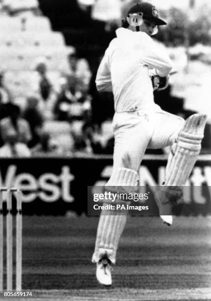 Australian batsman Dean Jones in action reaching his century during the third cornhill test