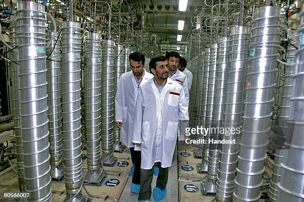 Iranian President Mahmoud Ahmadinejad visits the Natanz uranium enrichment facilities April 8, 2008 200 miles south of the Tehran, Iran. Ahmadinejad...