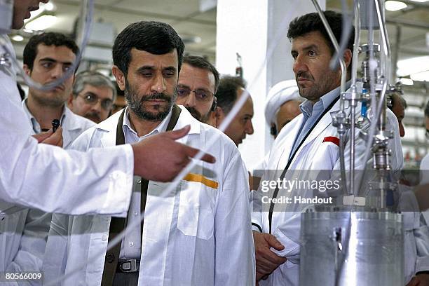 Iranian President Mahmoud Ahmadinejad visits the Natanz uranium enrichment facilities April 8, 2008 200 miles south of the Tehran, Iran. Ahmadinejad...