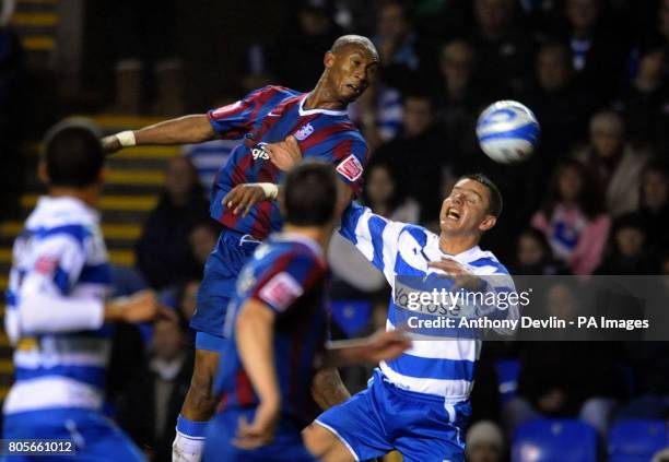 Crystal Palace's Calvin Andrew wins a header during the Coca-Cola Championship match at the Madejski Stadium, Reading.