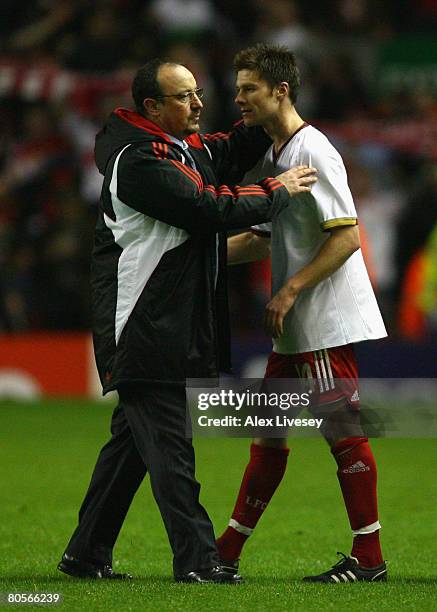 Liverpool Manager Rafael Benitez congratulates Xabi Alonso of Liverpool at the end of the UEFA Champions League Quarter Final, second leg match...