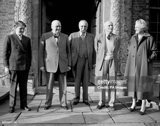 Sir Winston Churchill on his 83rd birthday at his home at Chartwell, Kent. Also pictured Winston , Randolph Churchill , Field Marshall Viscount...