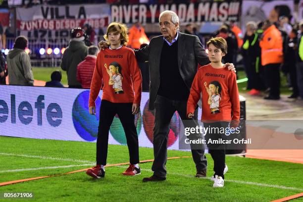 President of River Plate Rodolfo D'Onofrio walks onto the field prior Fernando Cavenaghi's farewell match at Monumental Stadium on July 01, 2017 in...
