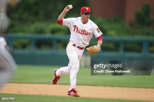 Chase Utley of the Philadelphia Phillies throws the ball during the game against the Chicago White Sox on June 13, 2007 at Citizens Bank Park in...
