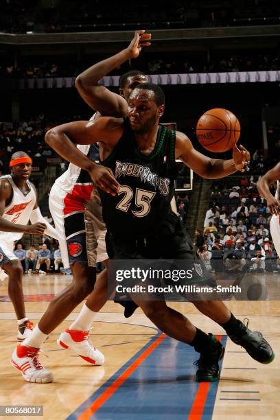 Al Jefferson of the Minnesota Timberwolves drives to the basket against Nazr Mohammed of the Charlotte Bobcats on April 8, 2008 at the Time Warner...