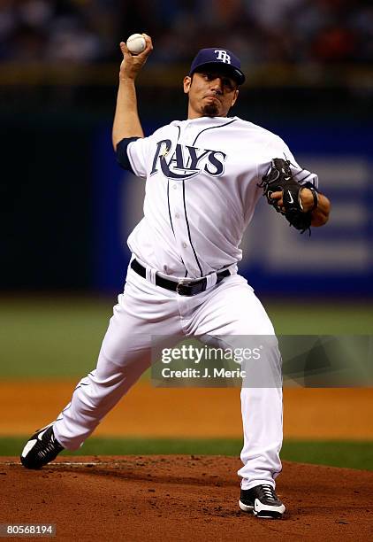 Starting pitcher Matt Garza of the Tampa Bay Rays pitches against the Seattle Mariners during the game on April 8, 2008 at Tropicana Field in St....