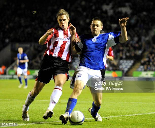 Leicester City's Matty Fryatt and Sheffield United's Matthew Killgallon battle for the ball during the Coca-Cola Football League Championship match...