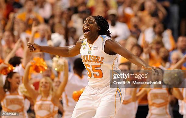 Final Four Nicky Anosike of the Tennessee Lady Volunteers celebrates after their 64-48 win against the Stanford Cardinal during the National...