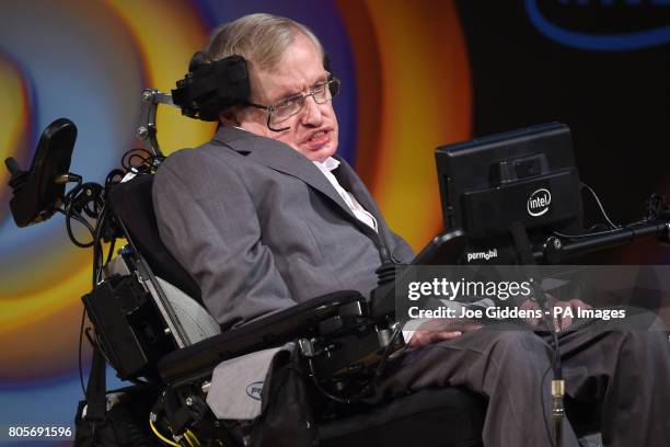 Stephen Hawking speaks about his life and work during a public symposium to mark his 75th birthday at Lady Mitchell Hall in Cambridge.