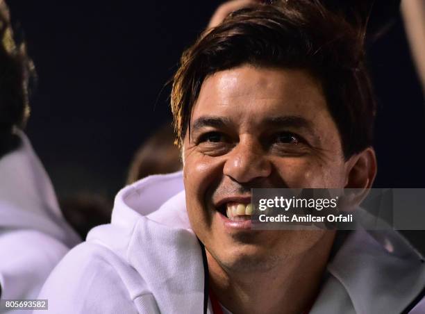 Marcelo Gallardo coach of River Plate looks on during Fernando Cavenaghi's farewell match at Monumental Stadium on July 01, 2017 in Buenos Aires,...
