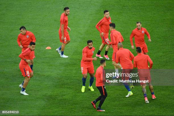 The Chile team warm up prior to the FIFA Confederations Cup Russia 2017 Final between Chile and Germany at Saint Petersburg Stadium on July 2, 2017...