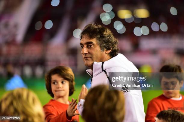 Former soccer player Enzo Francescoli looks on prior Fernando Cavenaghi's farewell match at Monumental Stadium on July 01, 2017 in Buenos Aires,...
