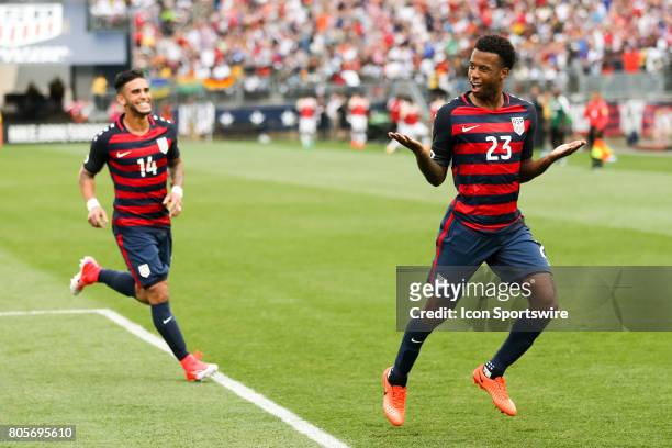 Kellyn Acosta of the USMNT celebrates his goal during the USA vs Ghana friendly soccer match on July 1, 2017 at Pratt & Whitney Stadium at Rentschler...